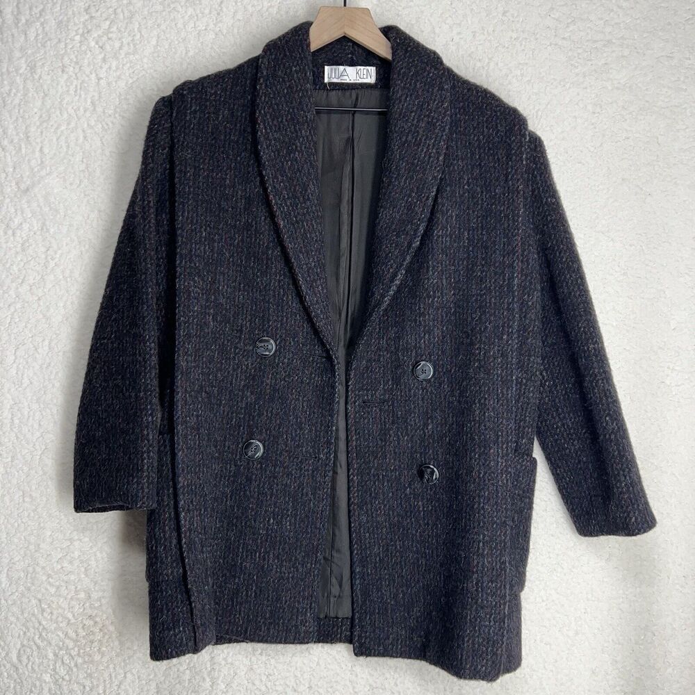 Julia Klein Vintage Wool Peacoat Size 8 Black Tweed Lined Overcoat Jacket